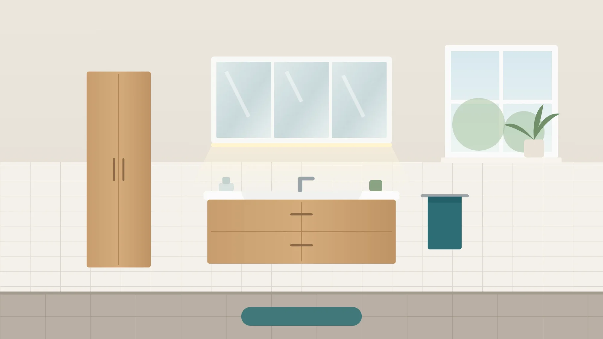 Kleines Bad mit hängendem Waschtisch, Spiegelschrank mit Licht und schmalem Hochschrank (Illustration)